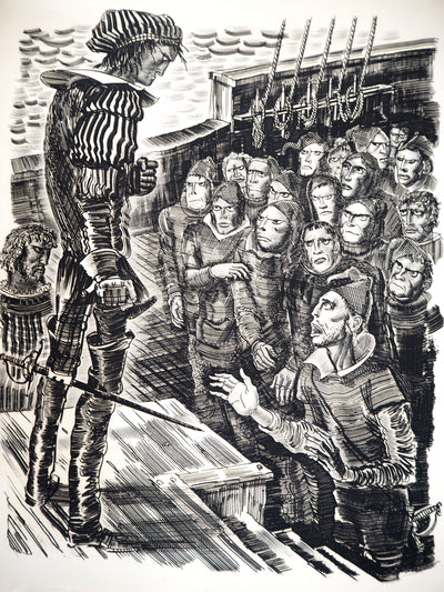 Albert DECARIS : La révolte des marins contre Colomb, vers 1955 - Gravure (détail)