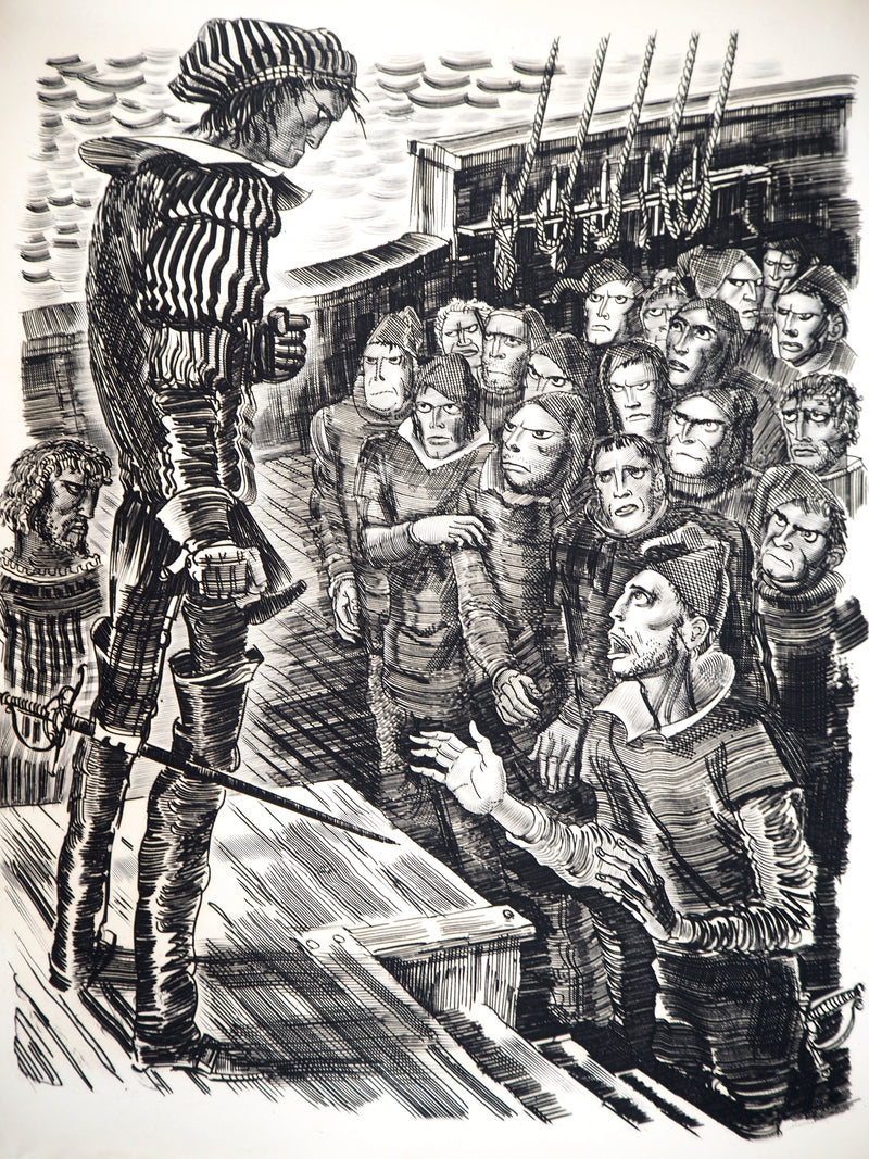 Albert DECARIS : La révolte des marins contre Colomb, vers 1955 - Gravure (détail)