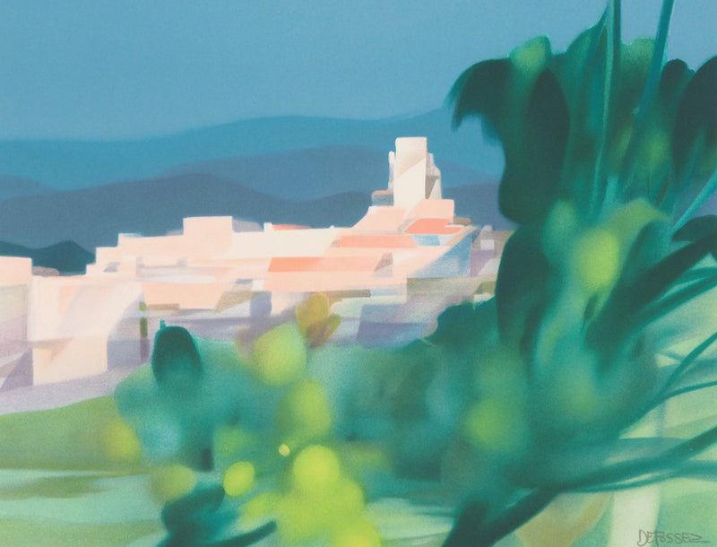 Alfred DEFOSSEZ : Vue du village de montagnes - Lithographie (détail)