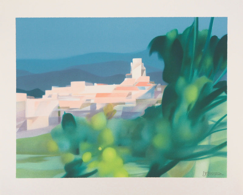 Alfred DEFOSSEZ : Vue du village de montagnes - Lithographie (détail)