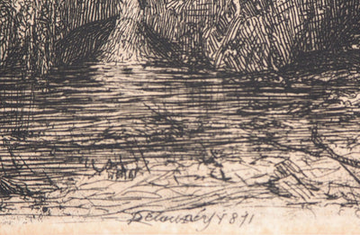 Alfred-Alexandre DELAUNEY : L'Etang à l'orée d'un bois, 1871 - Gravure (détail)