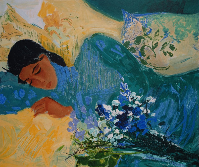 Nancy DELOUIS : Douceur : Jeune-femme endormie - Lithographie (détail)