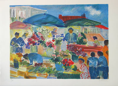 Nancy DELOUIS : Le Marché aux fleurs - Lithographie