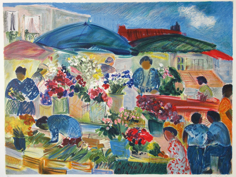 Nancy DELOUIS : Le Marché aux fleurs - Lithographie (détail)