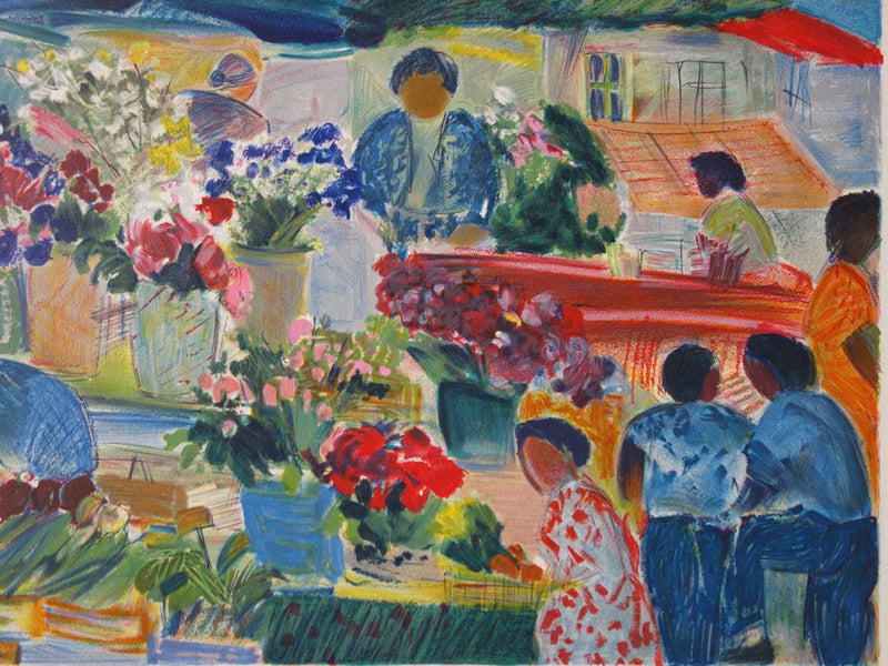 Nancy DELOUIS : Le Marché aux fleurs - Lithographie (détail)