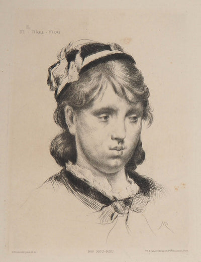 Marcelin DESBOUTIN : Portrait d'une jeune fille, Mademoiselle Mou-Mou - Gravure