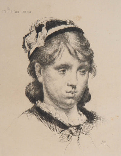 Marcelin DESBOUTIN : Portrait d'une jeune fille, Mademoiselle Mou-Mou - Gravure (détail)