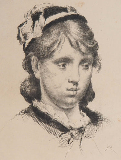 Marcelin DESBOUTIN : Portrait d'une jeune fille, Mademoiselle Mou-Mou - Gravure (détail)