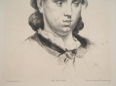 Marcelin DESBOUTIN : Portrait d'une jeune fille, Mademoiselle Mou-Mou - Gravure (détail)