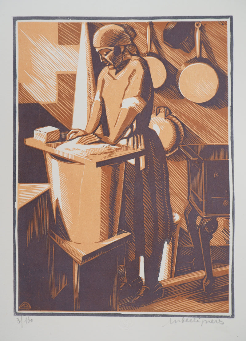 André DESLIGNIERES : Nivernais, la laveuse, 1926 - Gravure sur bois