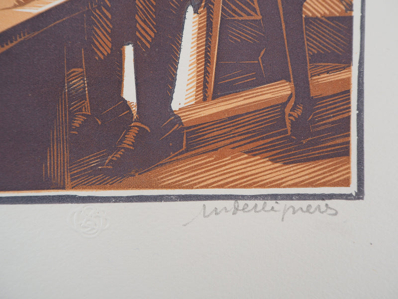 André DESLIGNIERES : Nivernais, la laveuse, 1926 - Gravure sur bois (détail)