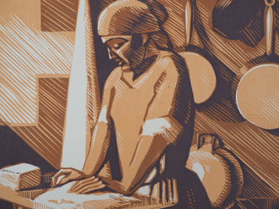 André DESLIGNIERES : Nivernais, la laveuse, 1926 - Gravure sur bois (détail)