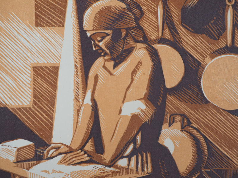 André DESLIGNIERES : Nivernais, la laveuse, 1926 - Gravure sur bois (détail)