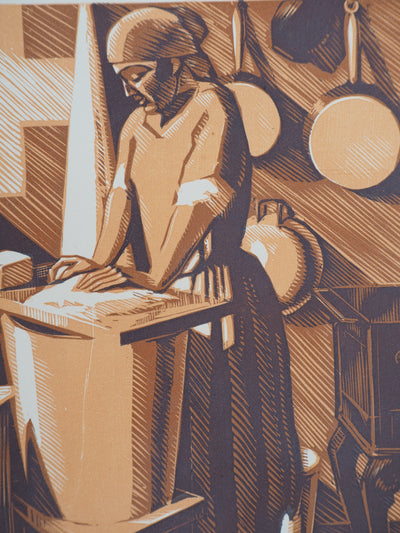André DESLIGNIERES : Nivernais, la laveuse, 1926 - Gravure sur bois (détail)