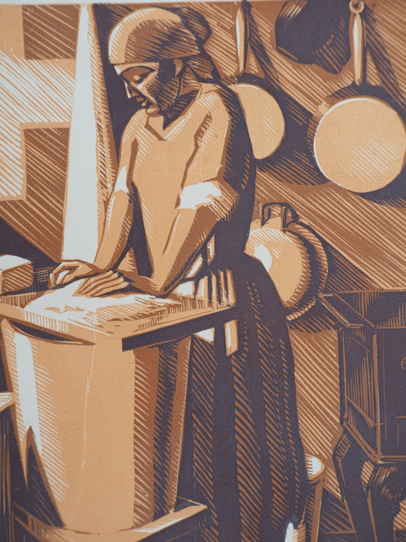 André DESLIGNIERES : Nivernais, la laveuse, 1926 - Gravure sur bois (détail)