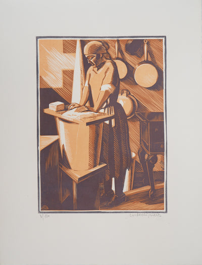 André DESLIGNIERES : Nivernais, la laveuse, 1926 - Gravure sur bois (détail)