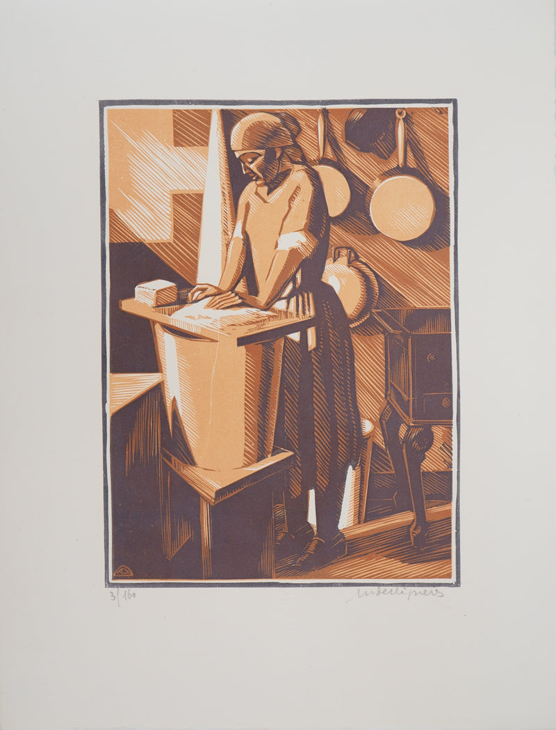 André DESLIGNIERES : Nivernais, la laveuse, 1926 - Gravure sur bois (détail)