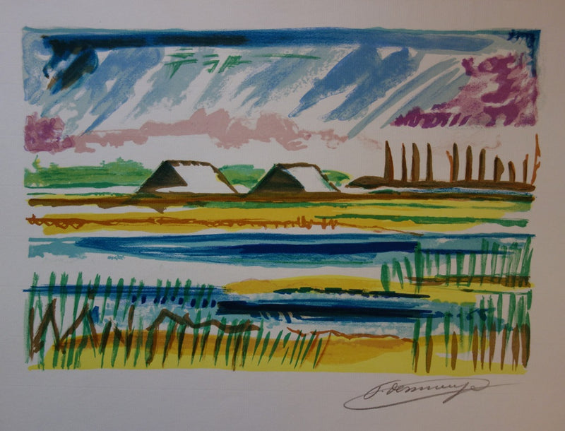 François DESNOYER : Maisons en Camargue, 1965 - Lithographie