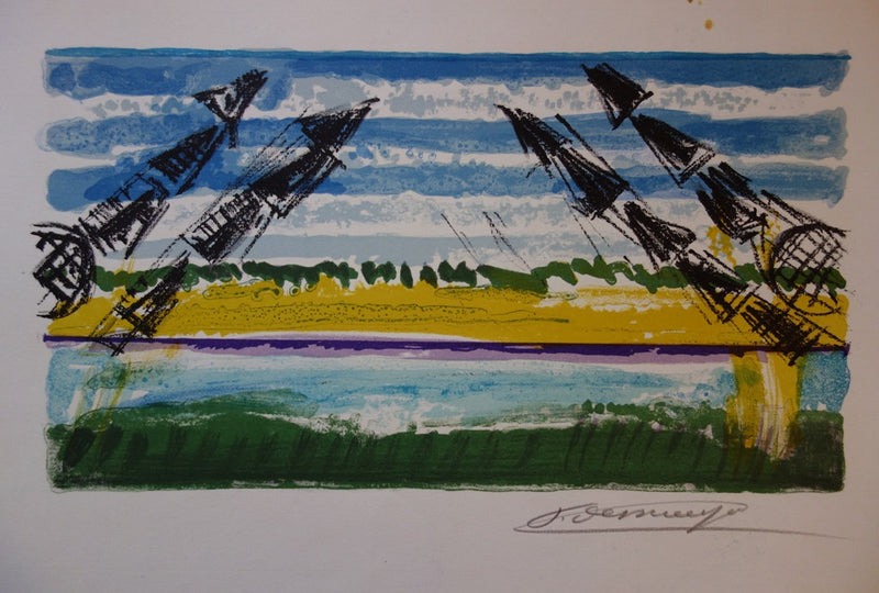 François DESNOYER : Maisons en Camargue, 1965 - Lithographie