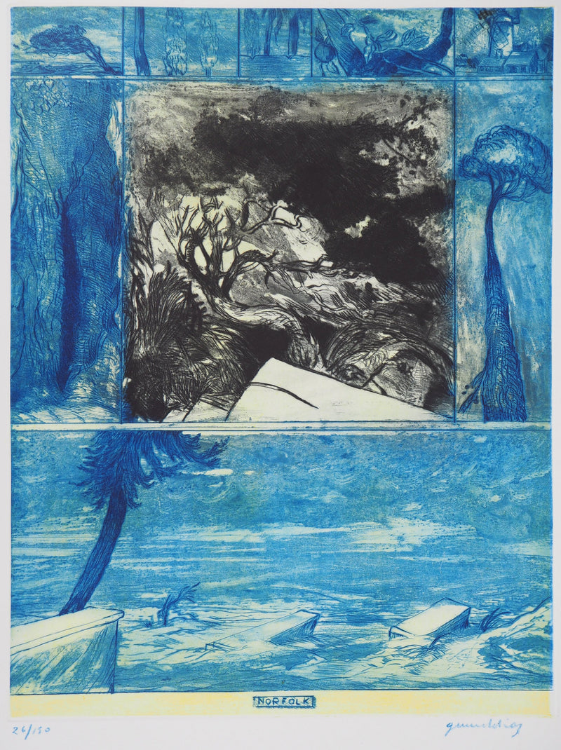 Gérard DIAZ : Paysage bleu - Gravure