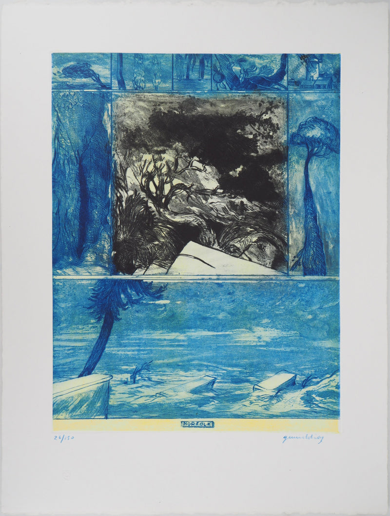 Gérard DIAZ : Paysage bleu - Gravure (détail)