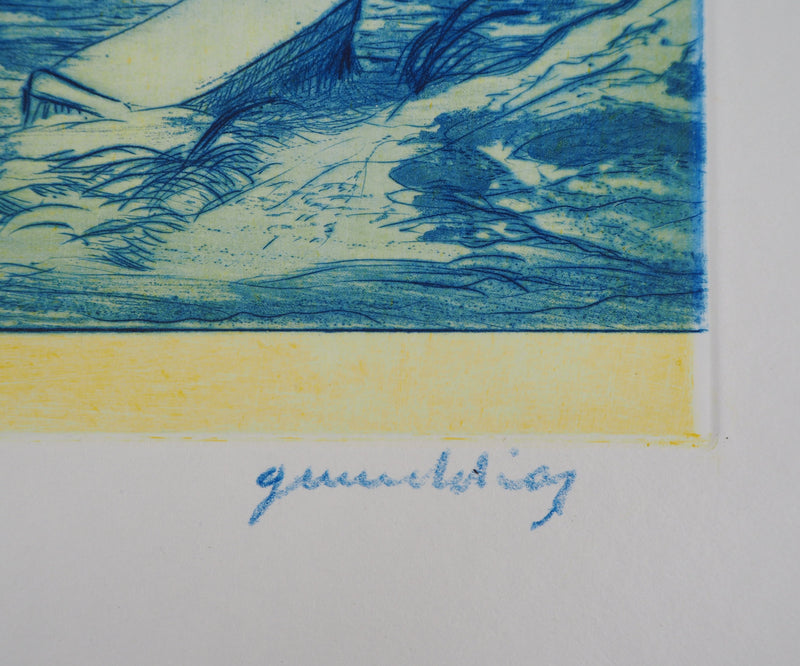 Gérard DIAZ : Paysage bleu - Gravure (détail)