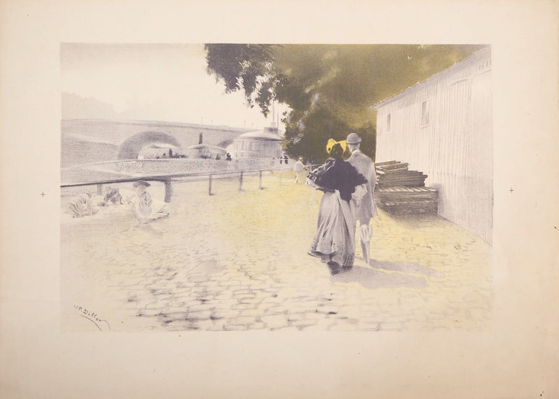 Henri Patrice DILLON : Promenade à la berge de la Seine - Lithographie (détail)