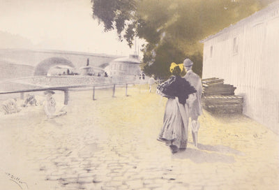 Henri Patrice DILLON : Promenade à la berge de la Seine - Lithographie (détail)