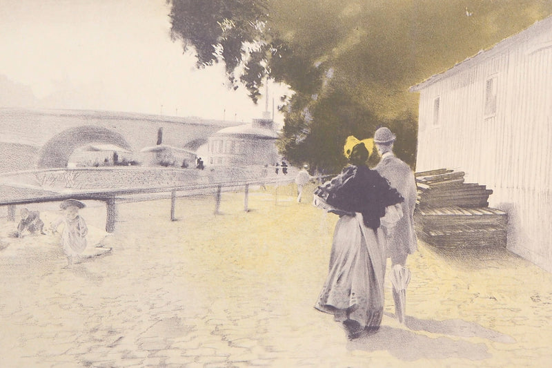 Henri Patrice DILLON : Promenade à la berge de la Seine - Lithographie (détail)