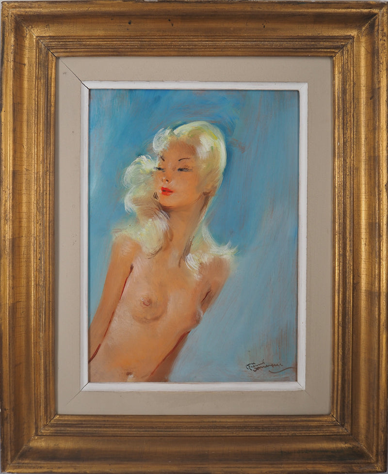 Jean-Gabriel DOMERGUE : Sonia, nu sur fond bleu, Tableau original (vue générale) - Crédit photo : Galerie Art.Paris