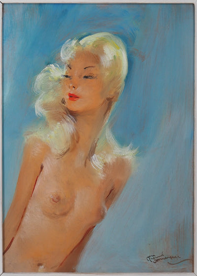 Jean-Gabriel DOMERGUE : Sonia, nu sur fond bleu, Tableau original (photo de détail 2) - Crédit photo : Galerie Art.Paris