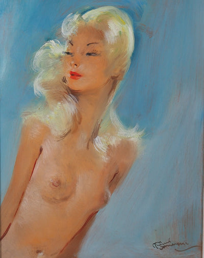 Jean-Gabriel DOMERGUE : Sonia, nu sur fond bleu, Tableau original (photo de détail 6) - Crédit photo : Galerie Art.Paris