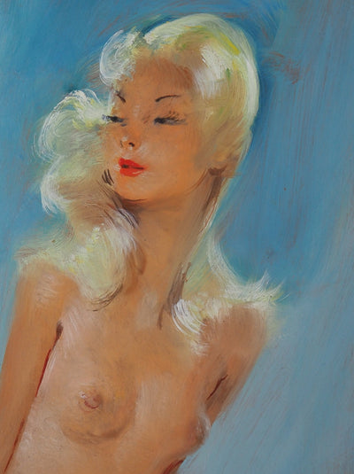 Jean-Gabriel DOMERGUE : Sonia, nu sur fond bleu, Tableau original (photo de détail 7) - Crédit photo : Galerie Art.Paris