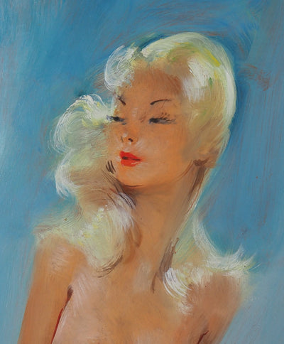Jean-Gabriel DOMERGUE : Sonia, nu sur fond bleu, Tableau original (photo de détail 3) - Crédit photo : Galerie Art.Paris