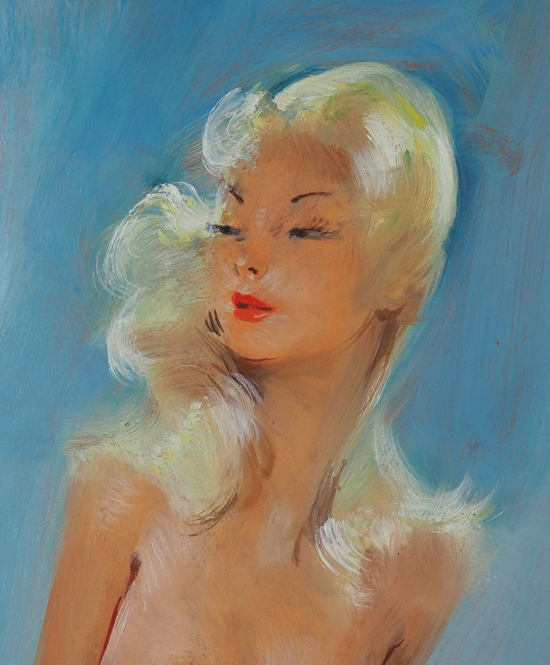 Jean-Gabriel DOMERGUE : Sonia, nu sur fond bleu, Tableau original (photo de détail 3) - Crédit photo : Galerie Art.Paris
