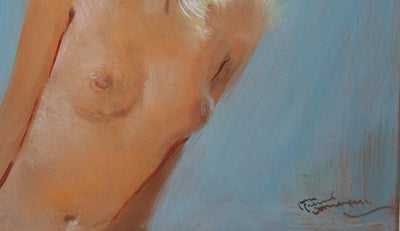 Jean-Gabriel DOMERGUE : Sonia, nu sur fond bleu, Tableau original (photo de détail 4) - Crédit photo : Galerie Art.Paris