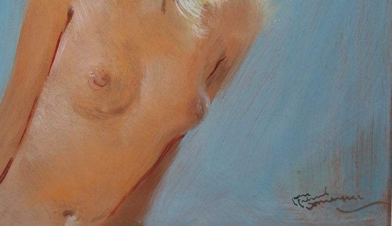Jean-Gabriel DOMERGUE : Sonia, nu sur fond bleu, Tableau original (photo de détail 4) - Crédit photo : Galerie Art.Paris