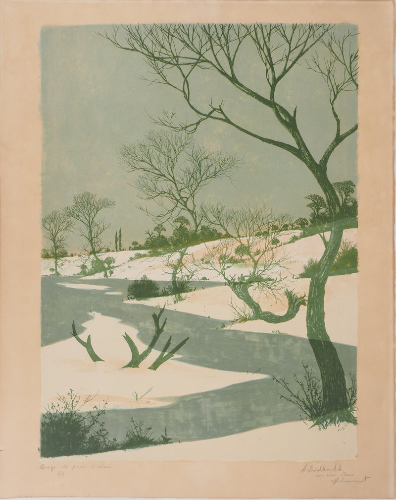 Albert DRACHKOVITCH-THOMAS : Paysage enneigé - Lithographie (détail)