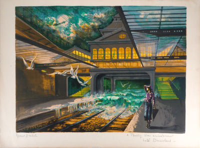 Noel DUMOLARD : Surréalisme : la gare envahie par les flots - Lithographie