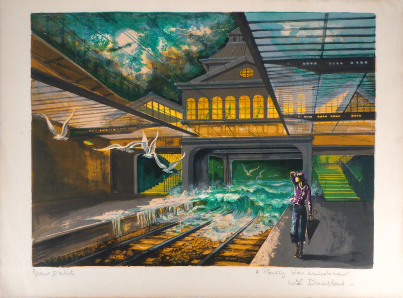 Noel DUMOLARD : Surréalisme : la gare envahie par les flots - Lithographie