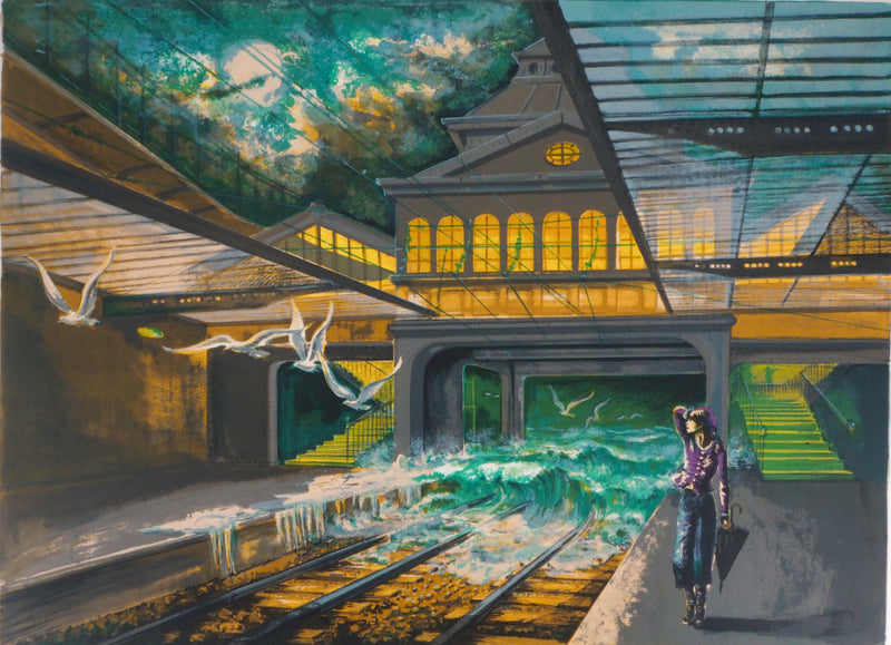 Noel DUMOLARD : Surréalisme : la gare envahie par les flots - Lithographie (détail)