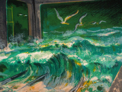 Noel DUMOLARD : Surréalisme : la gare envahie par les flots - Lithographie (détail)