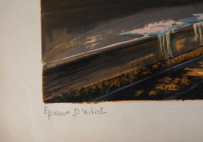 Noel DUMOLARD : Surréalisme : la gare envahie par les flots - Lithographie (détail)