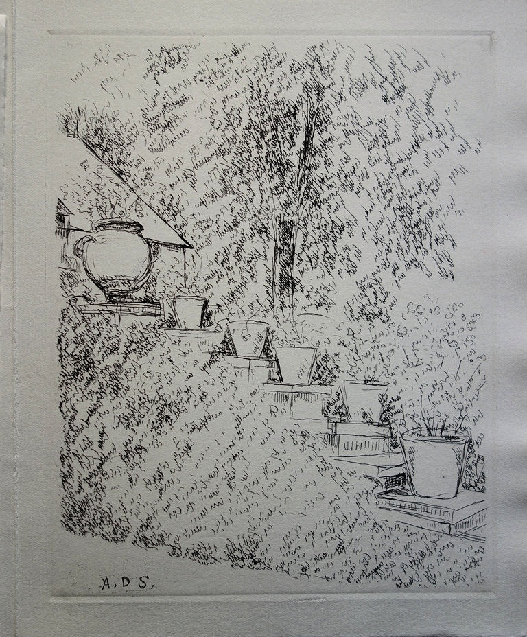 André DUNOYER DE SEGONZAC : Pots de fleurs au jardin - Gravure