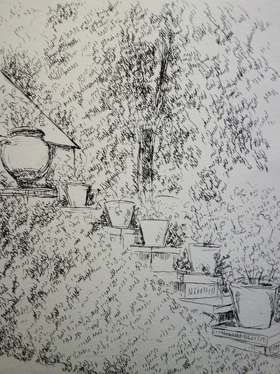 André DUNOYER DE SEGONZAC : Pots de fleurs au jardin - Gravure (détail)