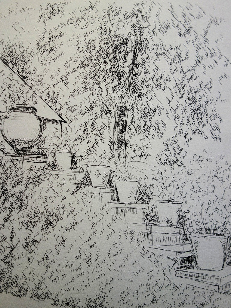 André DUNOYER DE SEGONZAC : Pots de fleurs au jardin - Gravure (détail)