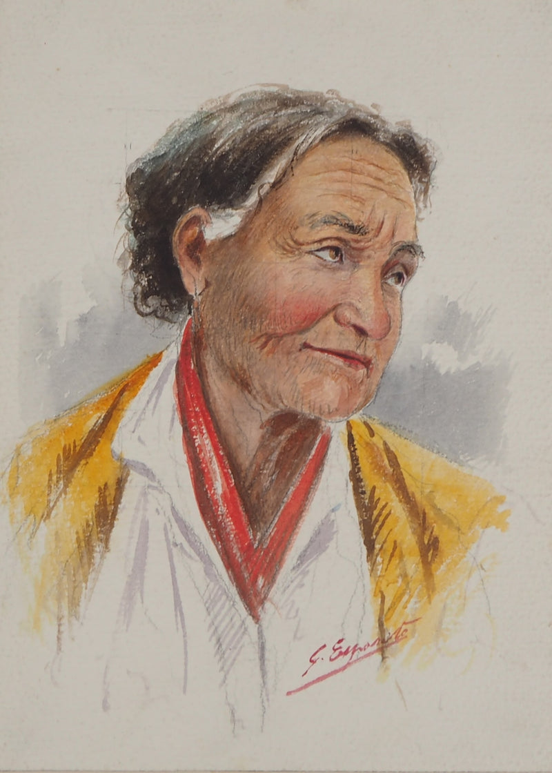 Gaetano ESPOSITO : Portrait de vieille dame - Aquarelle