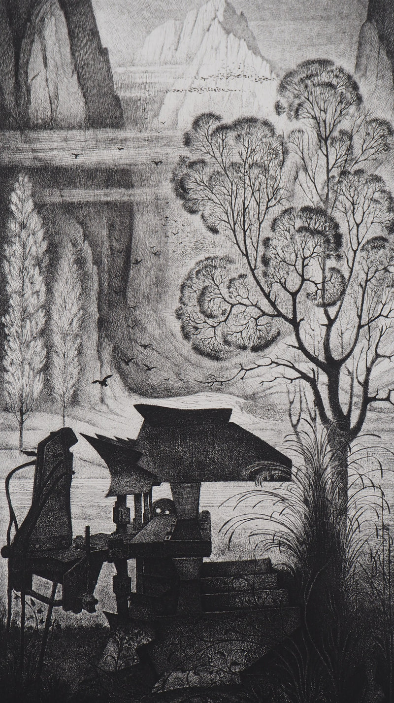 Jean-Marie ESTEBE : La vielle pompe - Gravure (détail)