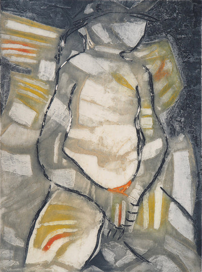 Marcel FIORINI : Femme assise - Gravure sur bois (détail)