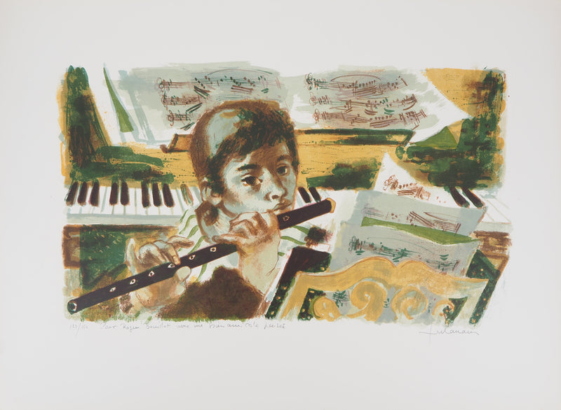 Lucien FONTANAROSA : Petit garçon flûtiste - Lithographie (détail)